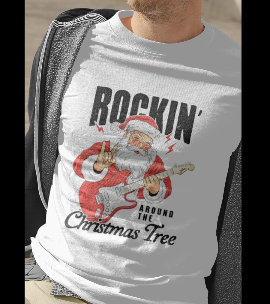 Rockin' Santa Claus Playing Guitar Around The Christmas Tree Merry Christmas T-Shirt