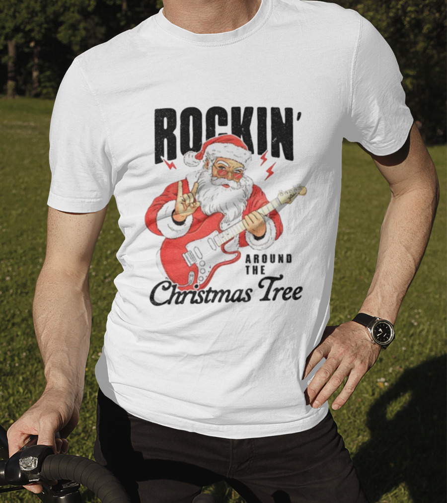 Rockin' Santa Claus Playing Guitar Around The Christmas Tree Merry Christmas T-Shirt