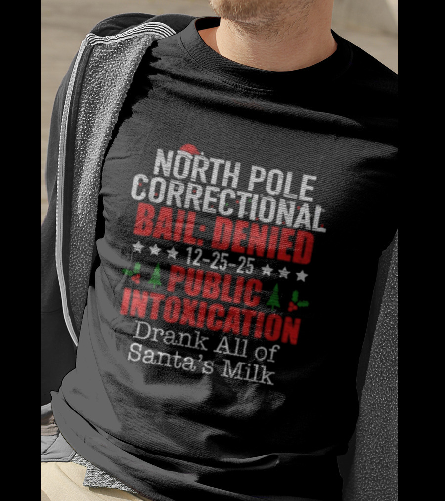 North Pole Correctional Bail Denied Public Intoxication Drank All Of Santa's Milk Christmas 12-25-25 T-Shirt