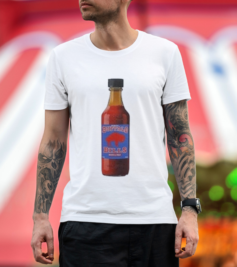 Buffalo Bills Wing Sauce Hot Bottle Blue Red Buffalo Icon T-Shirt