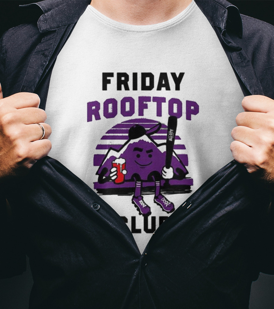 Friday Rooftop Club Colorado Rockies Playful Cartoon Baseball Bat Drink T-Shirt