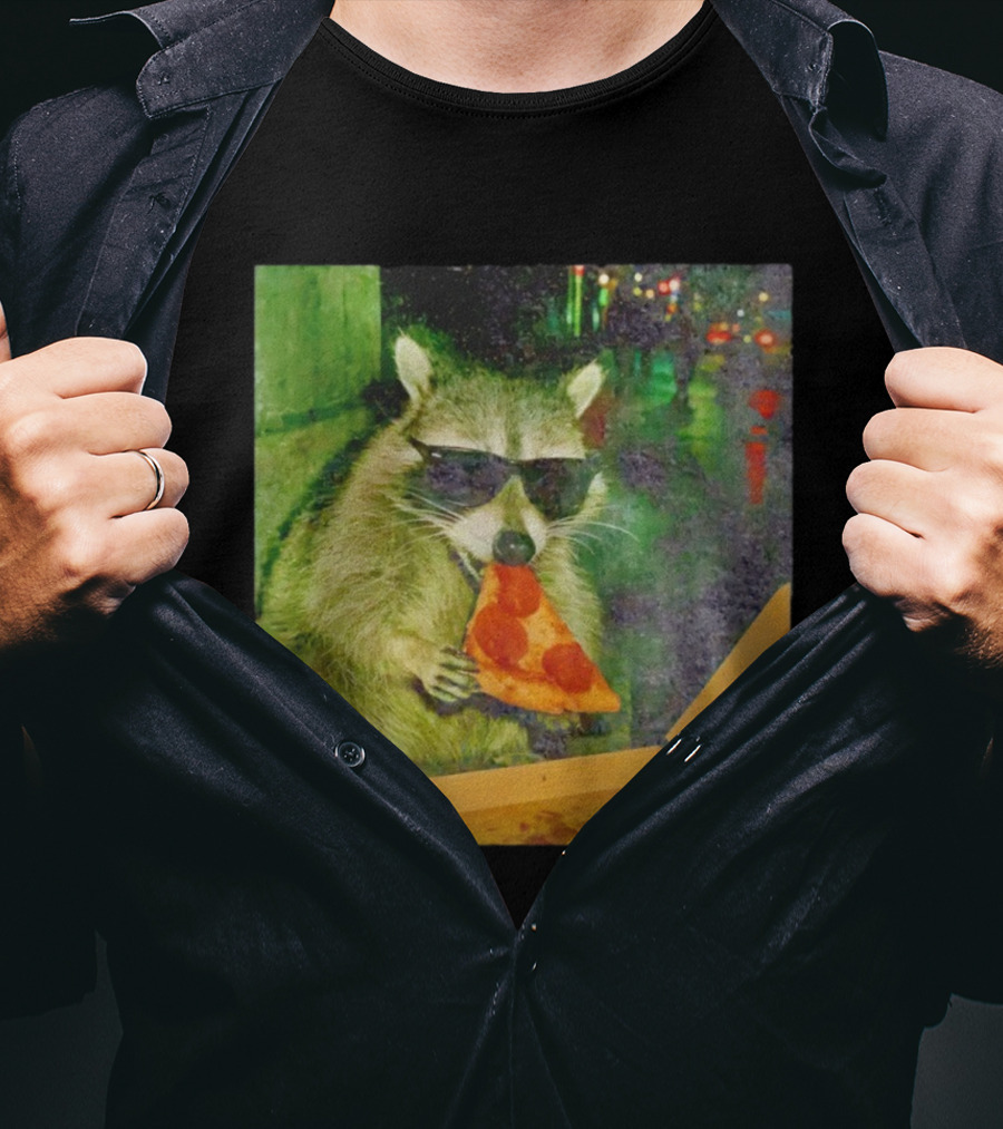Raccoon Wearing Sunglasses Eating Pepperoni Pizza T-Shirt