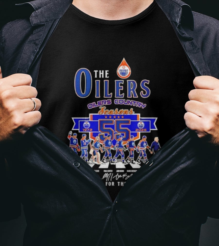 Edmonton Oilers Country 55 Seasons 1972-2026 Signatures Abbey Road Thank You T-Shirt
