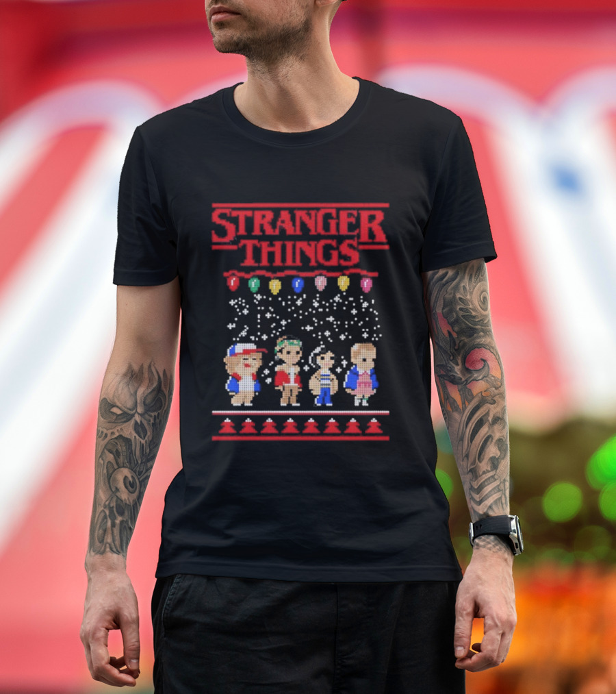 Stranger Things Christmas Characters Pixel Art Holiday Sweater Theme T-Shirt