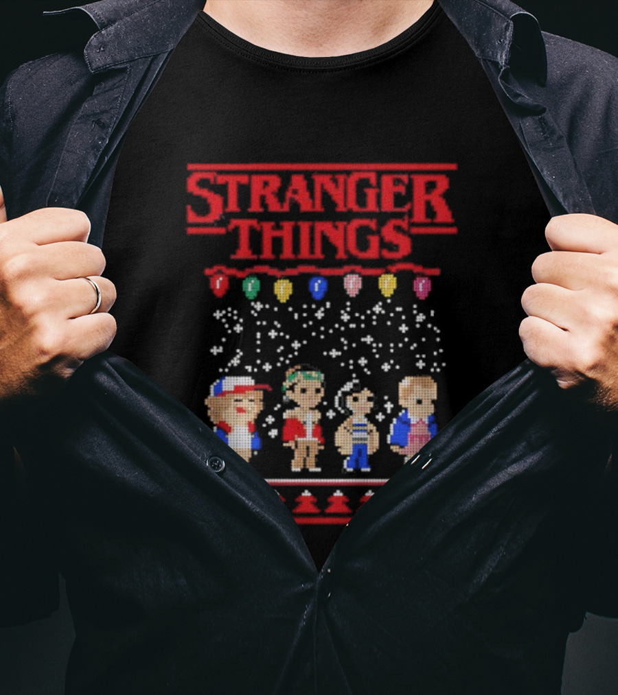 Stranger Things Christmas Characters Pixel Art Holiday Sweater Theme T-Shirt