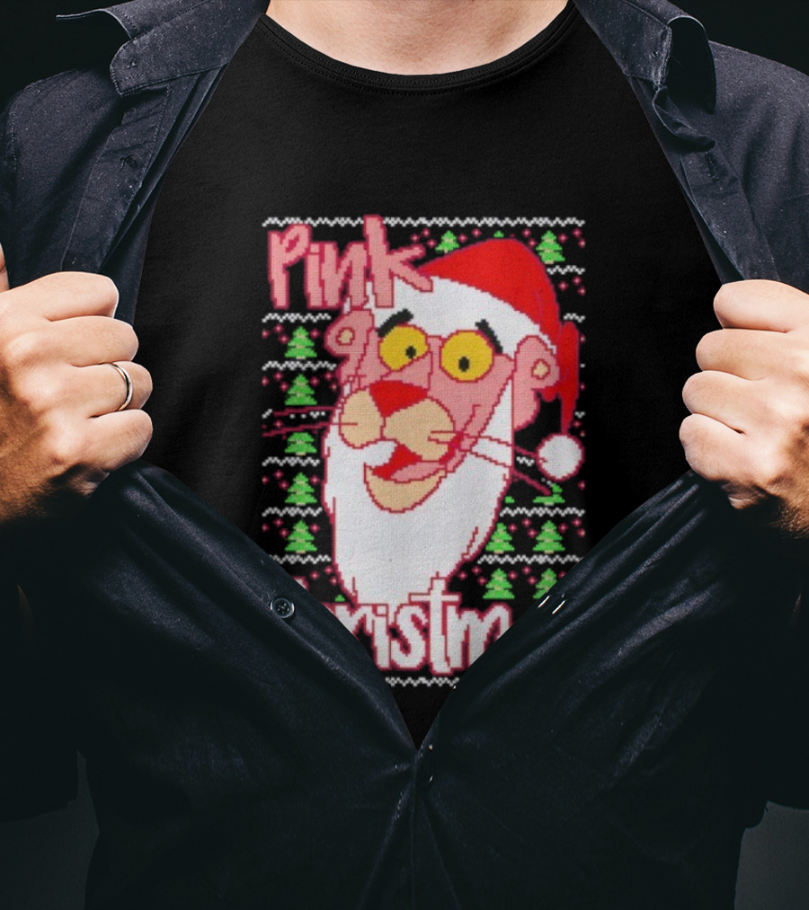 Pink Christmas Ugly Sweater Santa Hat Pink Panther T-Shirt