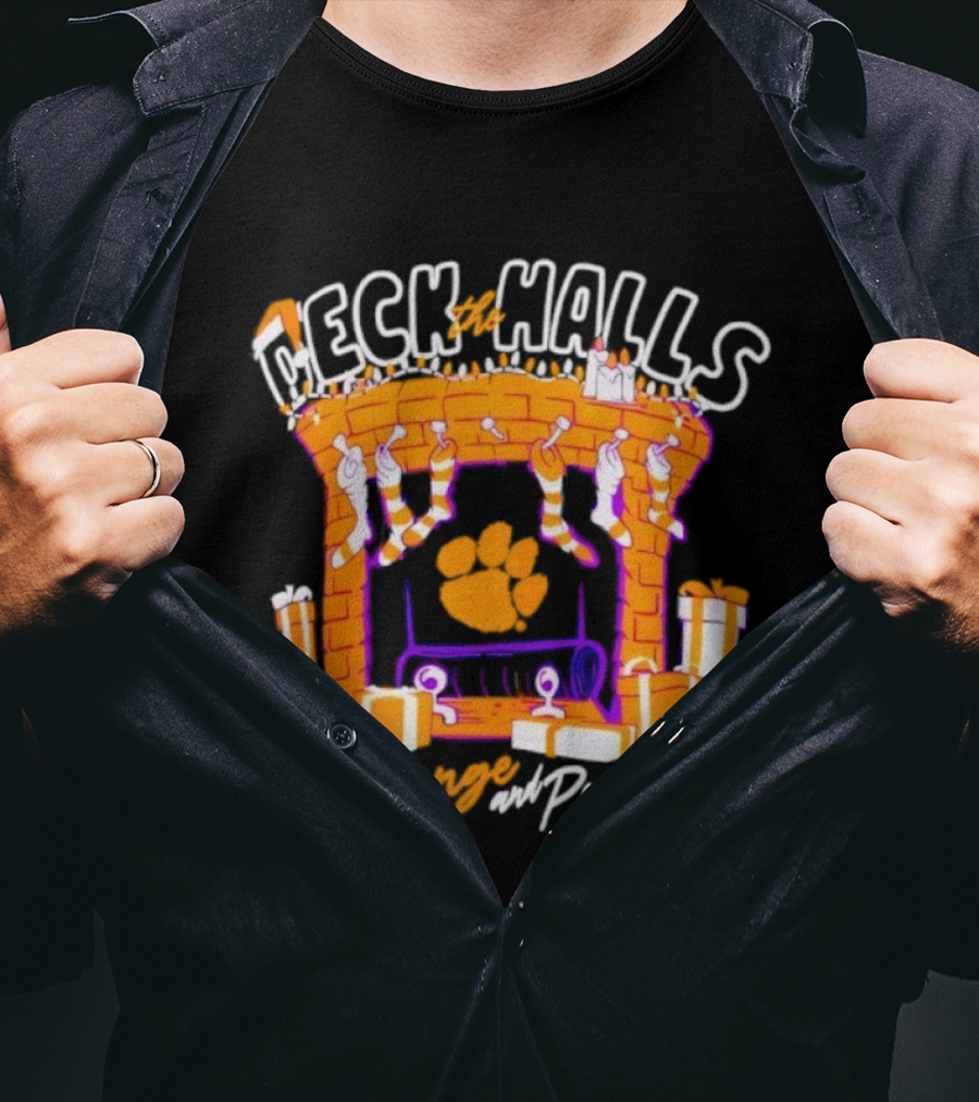 Clemson Tigers Deck The Halls With Orange And Purple Christmas Fireplace Stockings Gifts T-Shirt