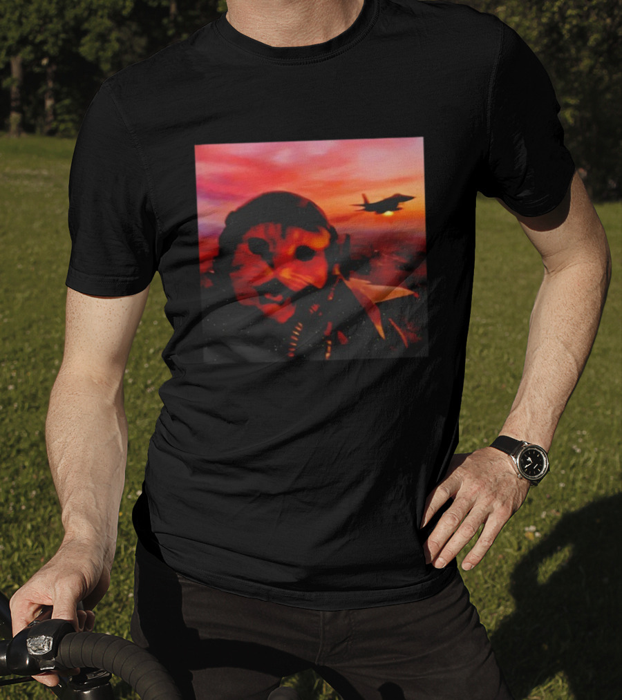 Funny Fighter Pilot Cat In Jet Helmet At Sunset With Jet Fighter T-Shirt