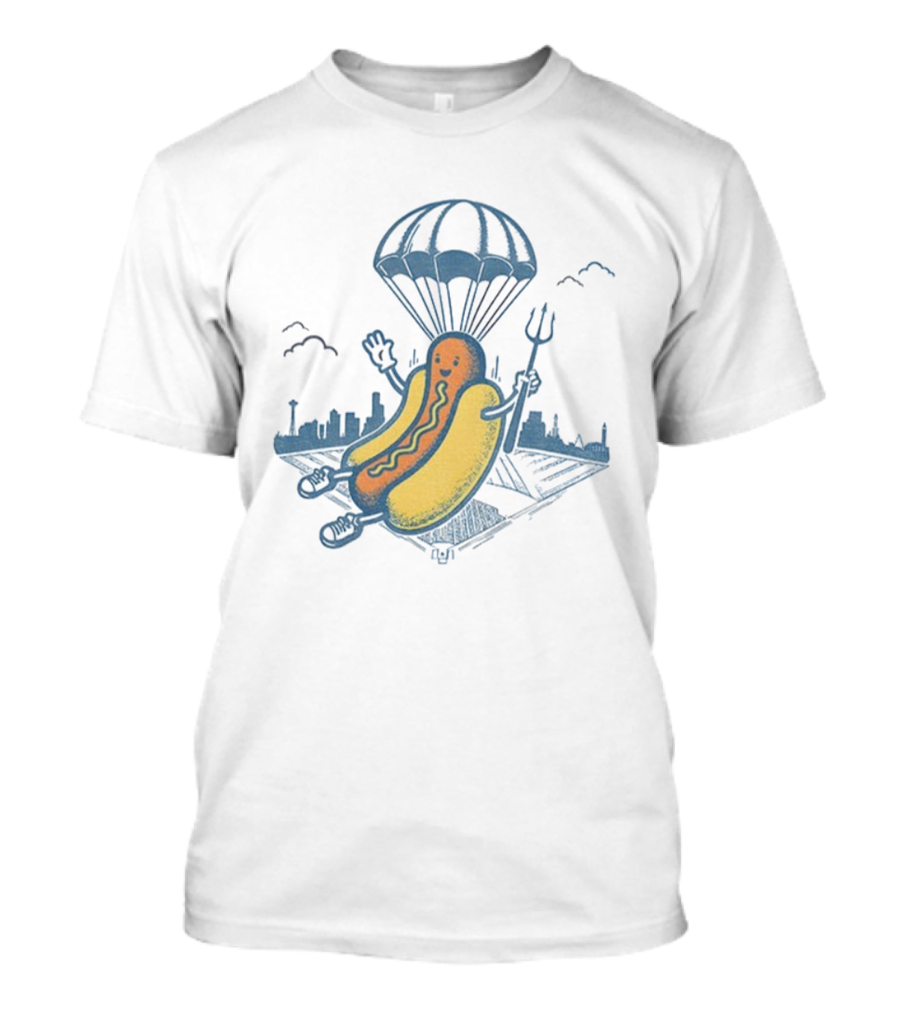 Seattle Baseball Hot Dogs From Heaven Parachuting Skyline T-Shirt
