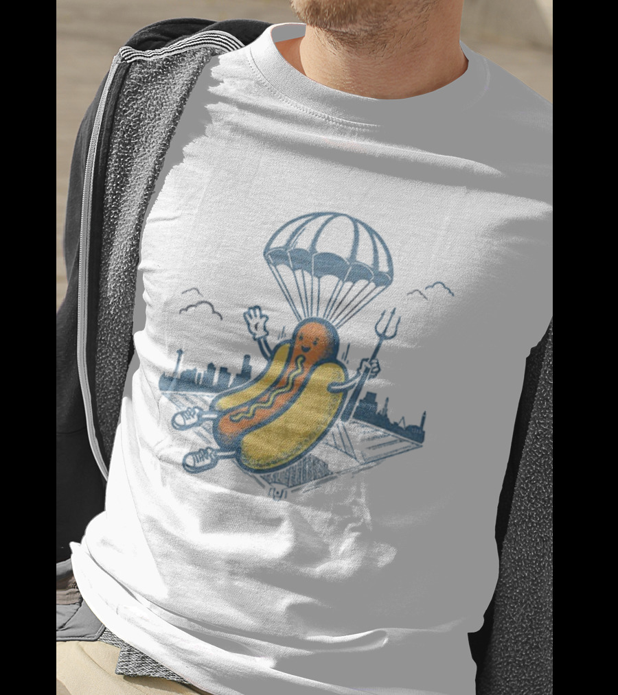 Seattle Baseball Hot Dogs From Heaven Parachuting Skyline T-Shirt