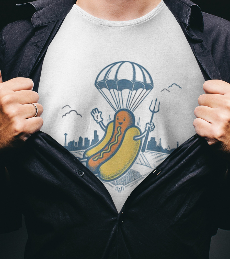 Seattle Baseball Hot Dogs From Heaven Parachuting Skyline T-Shirt