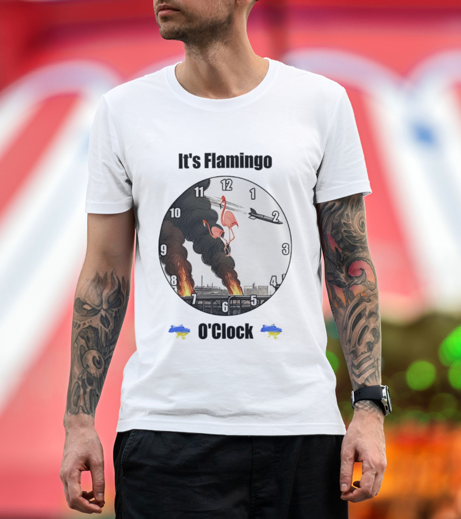 Flamingo O’clock Flamingos On Face With Plane And Fire Imagery T-Shirt