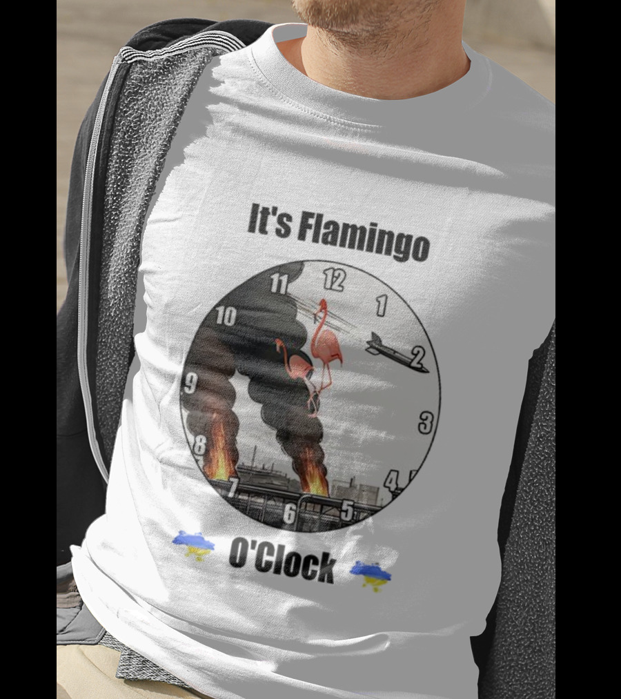 Flamingo O’clock Flamingos On Face With Plane And Fire Imagery T-Shirt