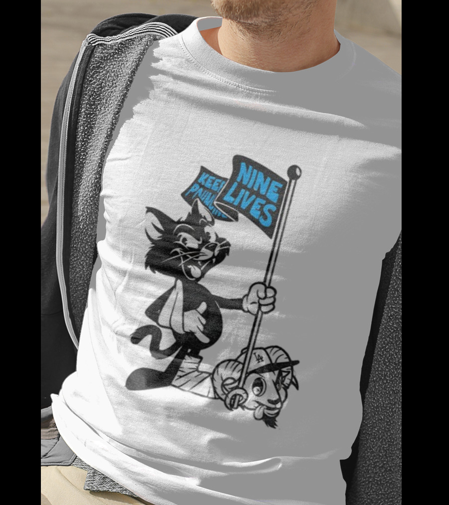Roaring Riot Nine Lives Keep Pounding Carolina Panthers Beat LA Dodgers Goat T-Shirt