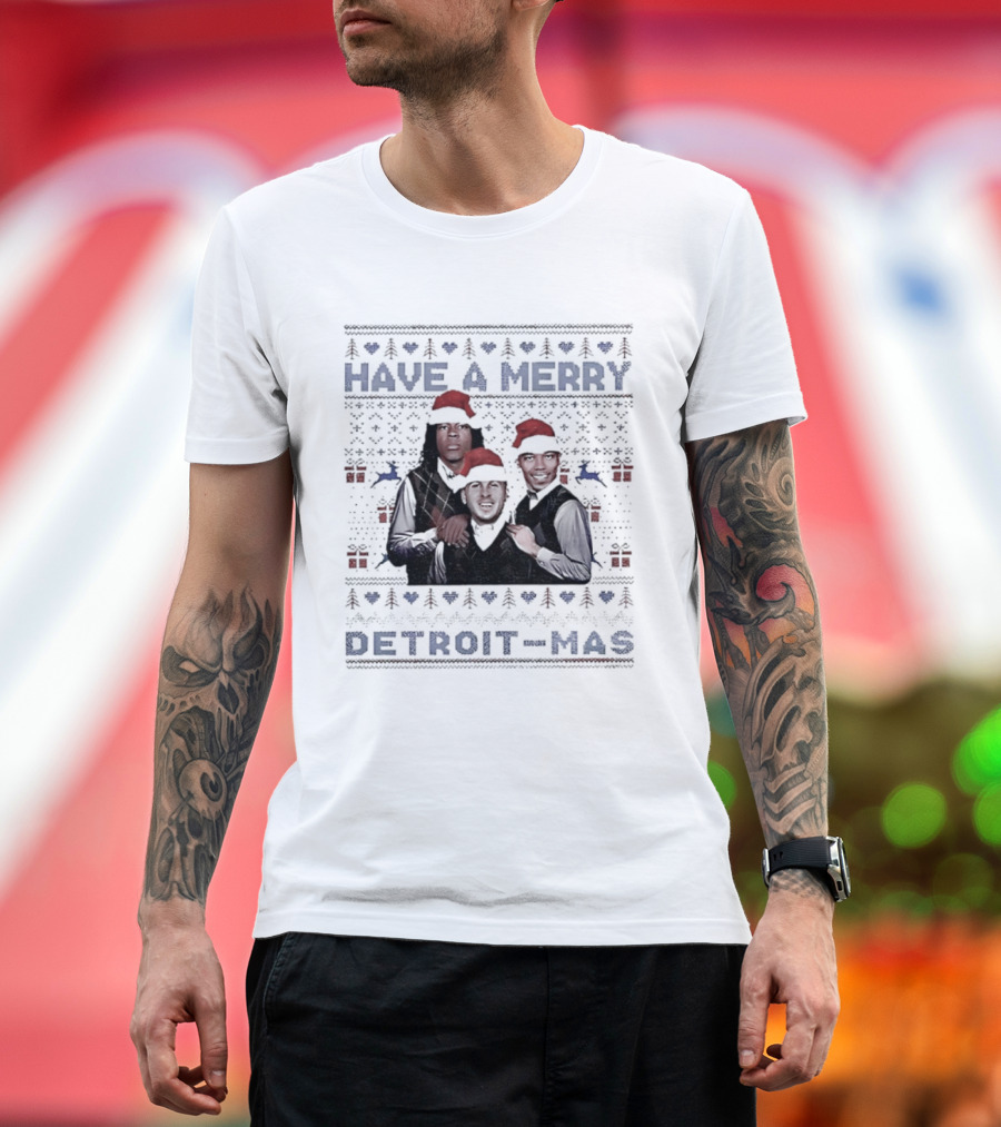 Jared Goff Jahmyr Gibbs Amon Ra St Brown Detroit Lions Have A Merry Detroit-mas T-Shirt