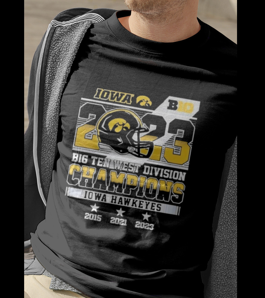 Iowa Hawkeyes Big Ten West Division Champions 2023 Helmet Logo With 2015 2021 Titles T-Shirt
