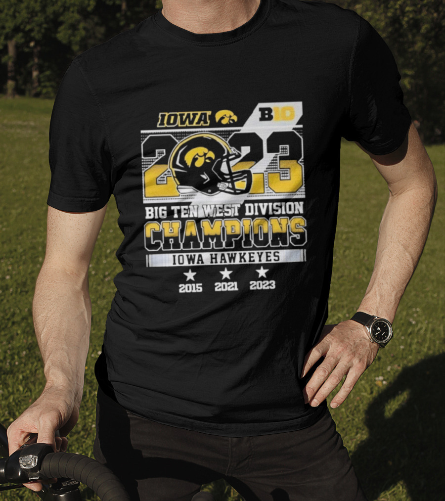 Iowa Hawkeyes Big Ten West Division Champions 2023 Helmet Logo With 2015 2021 Titles T-Shirt