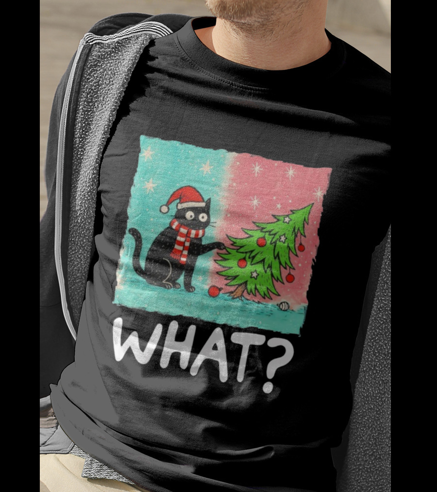 Black Cat Santa Hat Pushing Christmas Tree What T-Shirt