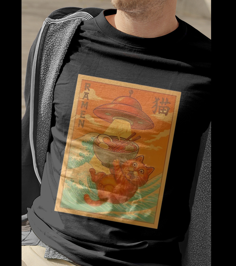 Ramen Cat UFO Funny Japanese Anime Retro Wave Scene T-Shirt