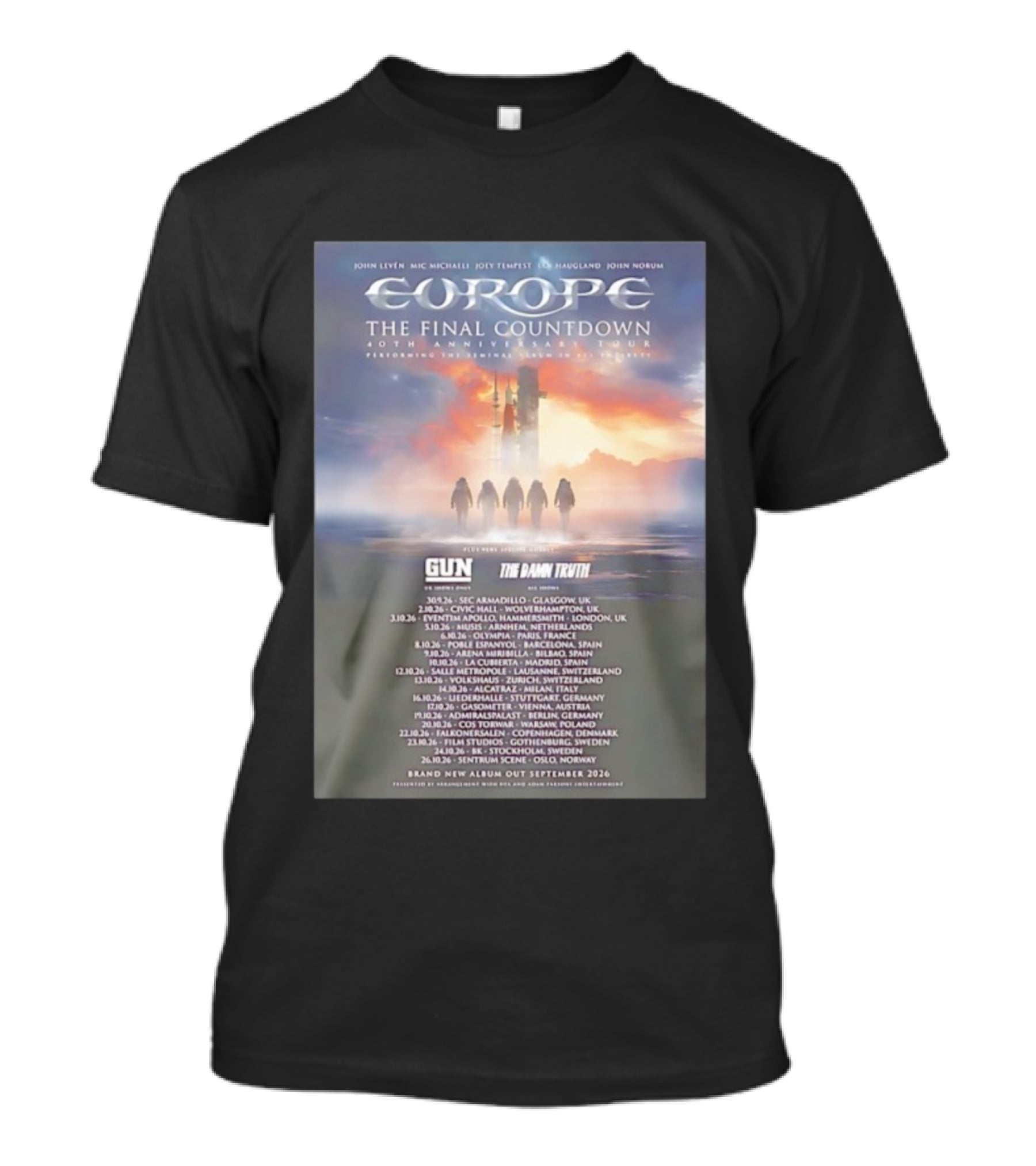 Europe The Final Countdown 40th Anniversary Tour 2026 Featuring Gun And The Damn Truth Live Performances And New Album Release Dates T-Shirt