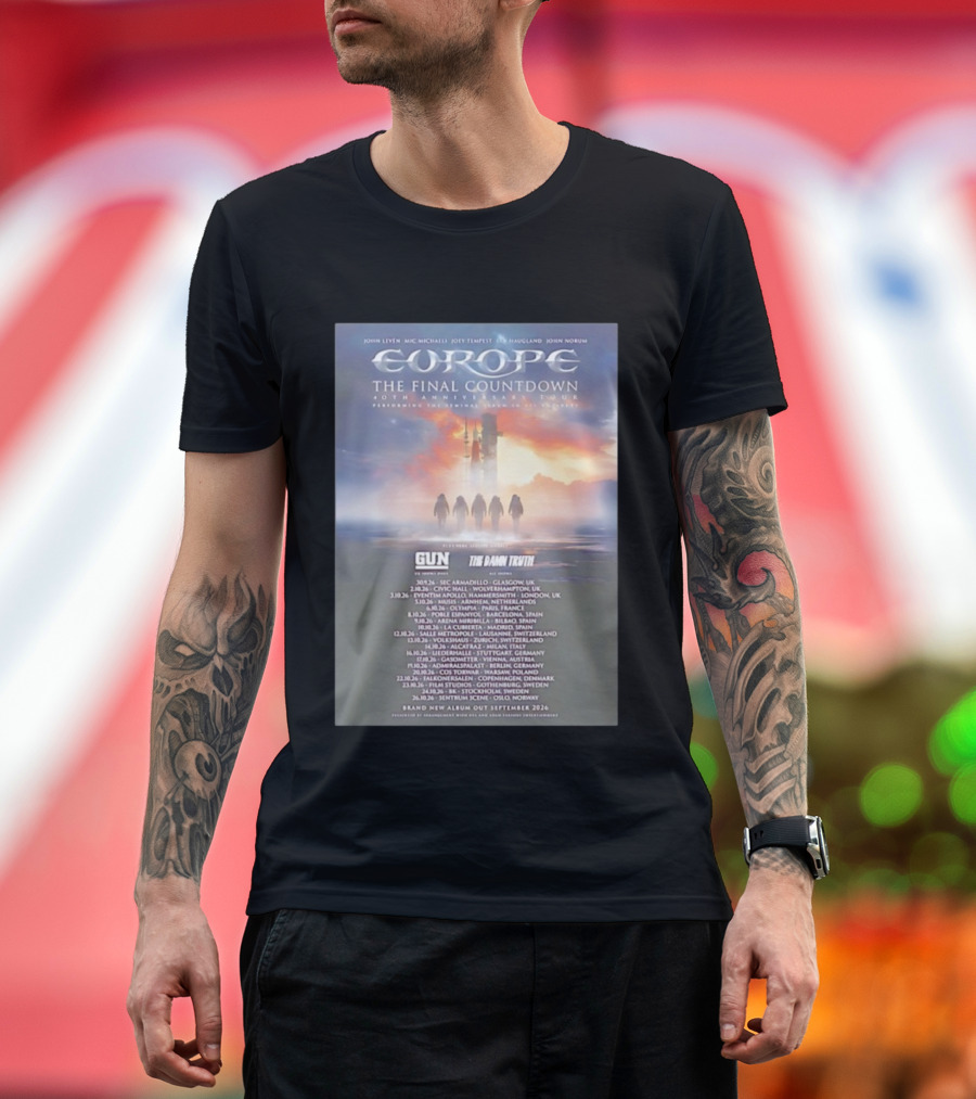 Europe The Final Countdown 40th Anniversary Tour 2026 Featuring Gun And The Damn Truth Live Performances And New Album Release Dates T-Shirt