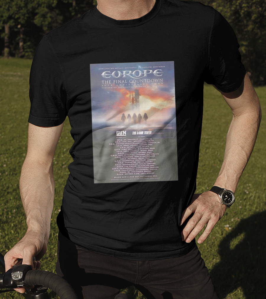 Europe The Final Countdown 40th Anniversary Tour 2026 Featuring Gun And The Damn Truth Live Performances And New Album Release Dates T-Shirt