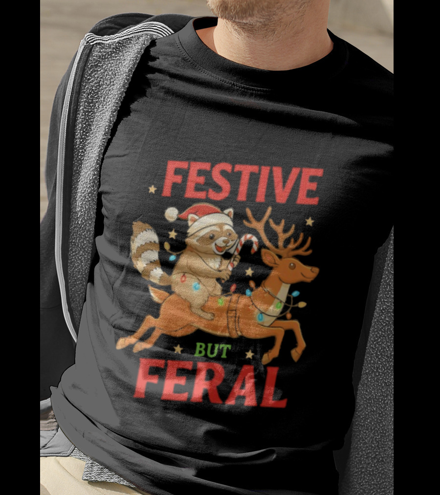 Festive But Feral Christmas Raccoon Reindeer Ride T-Shirt