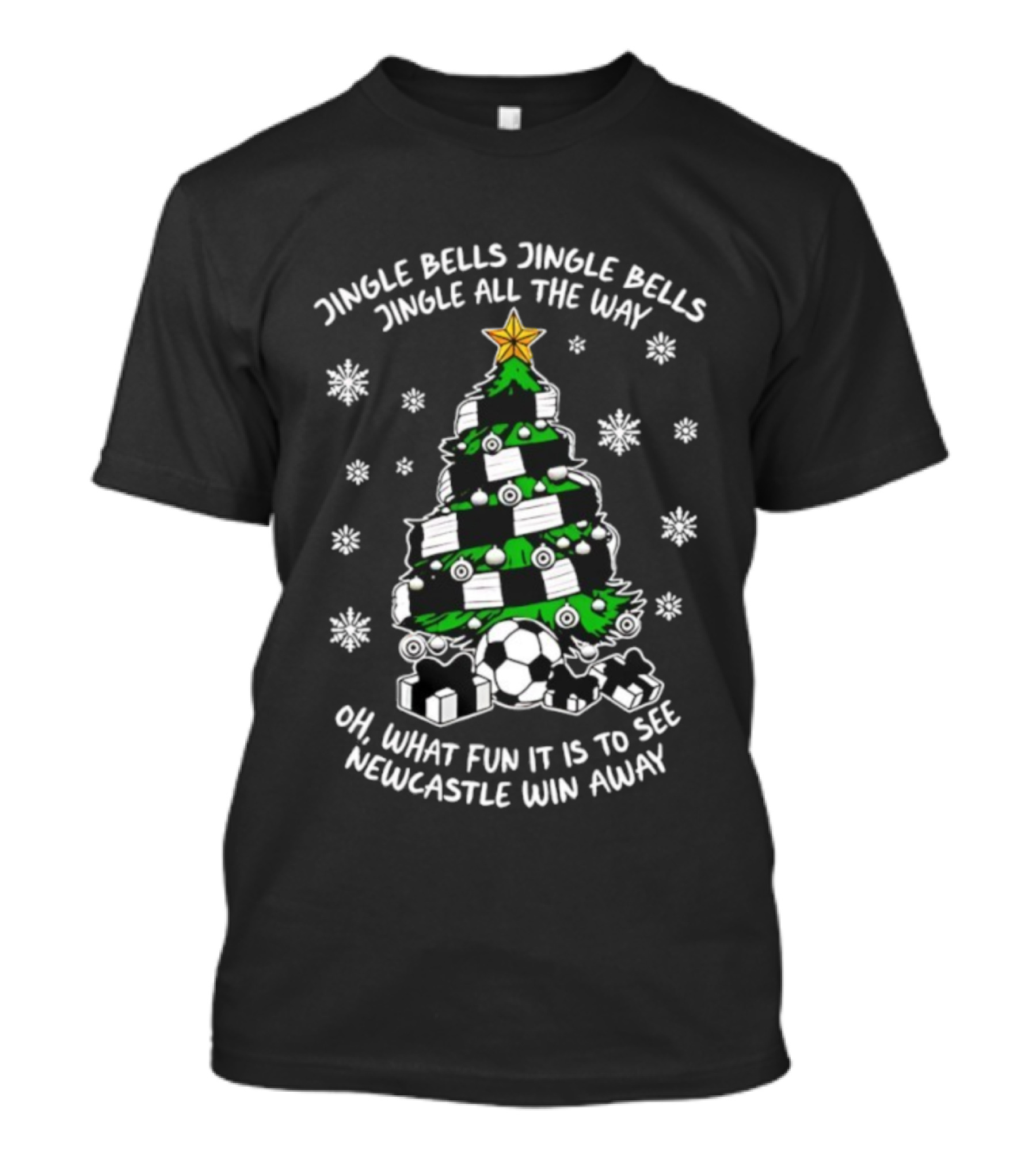 Jingle Bells Jingle All The Way Newcastle Win Away Christmas Tree Soccer Fun T-Shirt