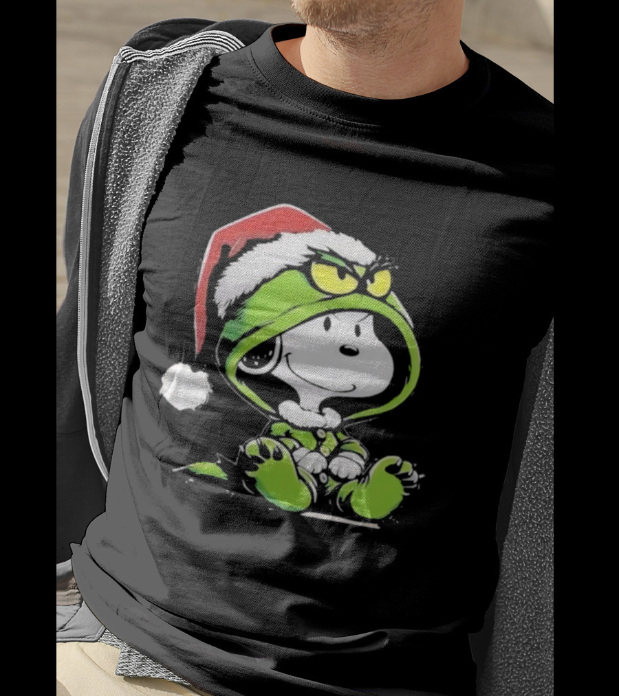 Snoopy Grinch Christmas Santa Hat Character Crossover T-Shirt