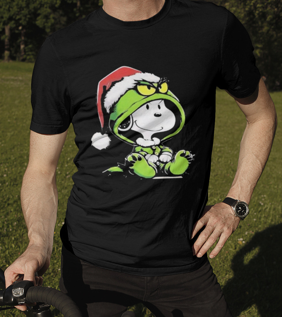 Snoopy Grinch Christmas Santa Hat Character Crossover T-Shirt