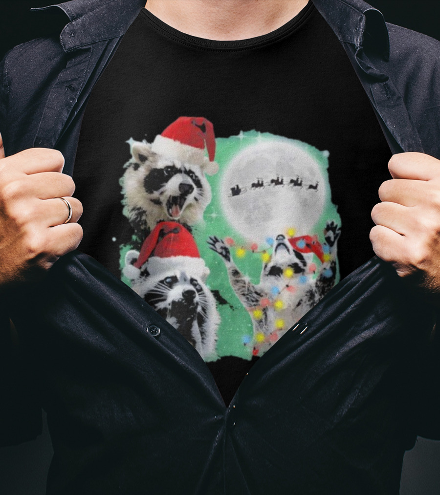 Three Raccoons Santa Hats Christmas Moon Lights Sleigh T-Shirt
