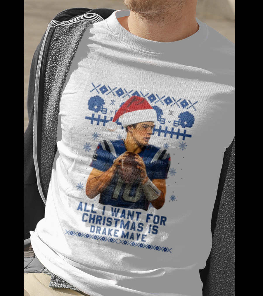 Drake Maye Santa Hat New England Patriots Football Christmas Wishes T-Shirt