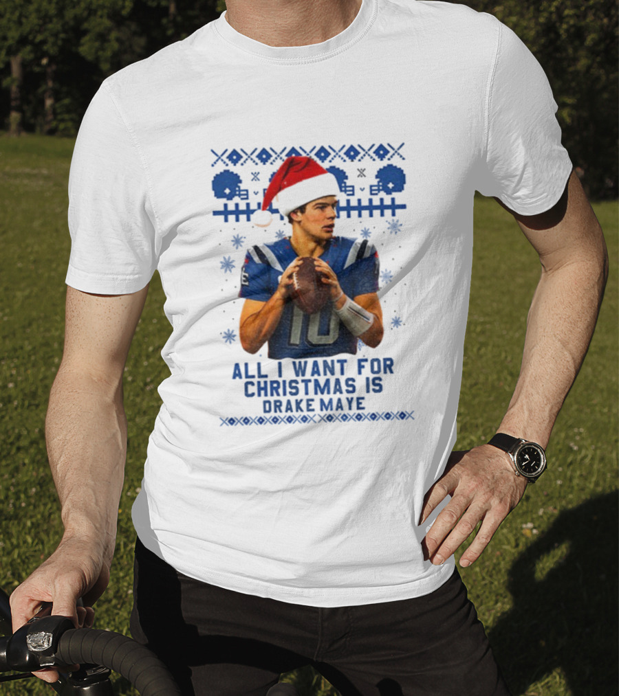 Drake Maye Santa Hat New England Patriots Football Christmas Wishes T-Shirt