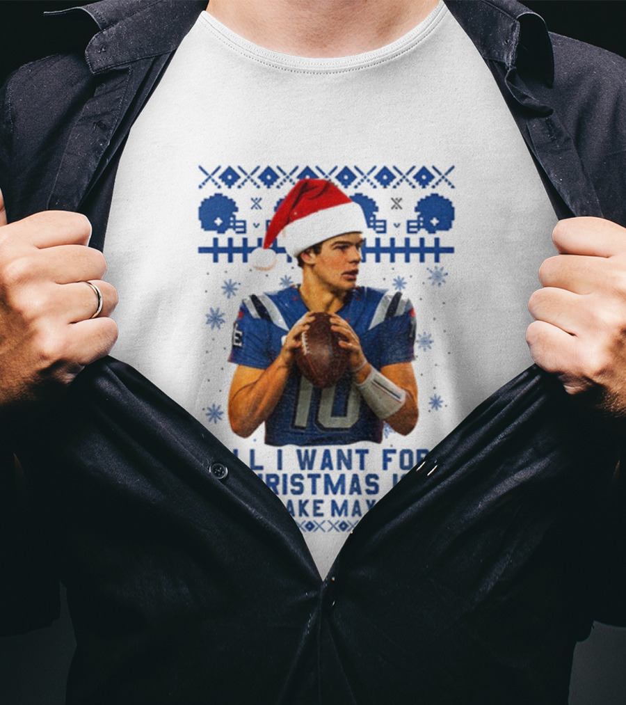 Drake Maye Santa Hat New England Patriots Football Christmas Wishes T-Shirt
