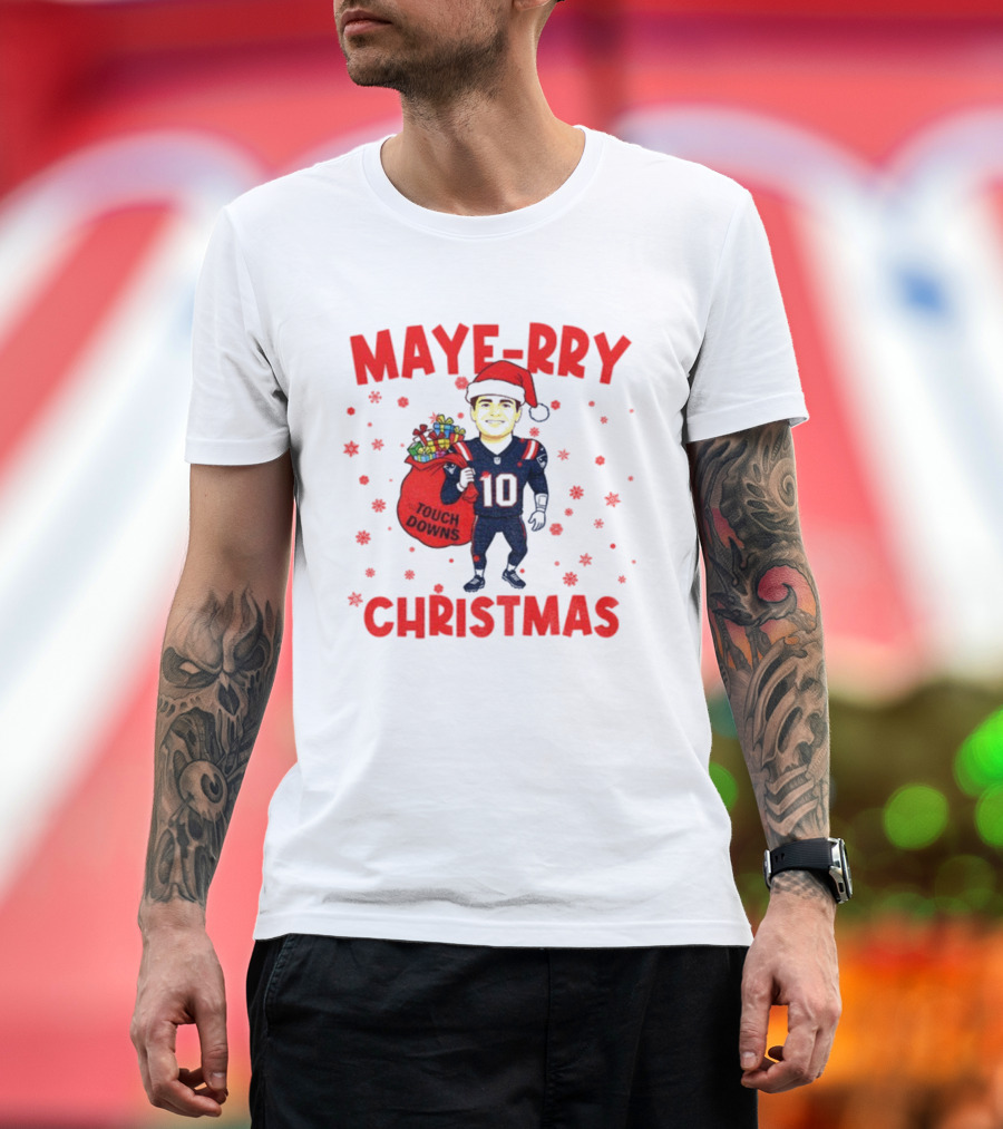 Maye-rry Christmas Drake Maye Santa Hat Touchdowns T-Shirt