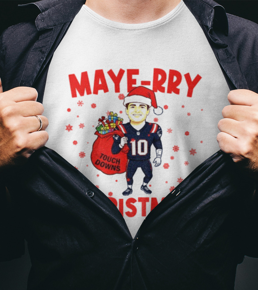Maye-rry Christmas Drake Maye Santa Hat Touchdowns T-Shirt