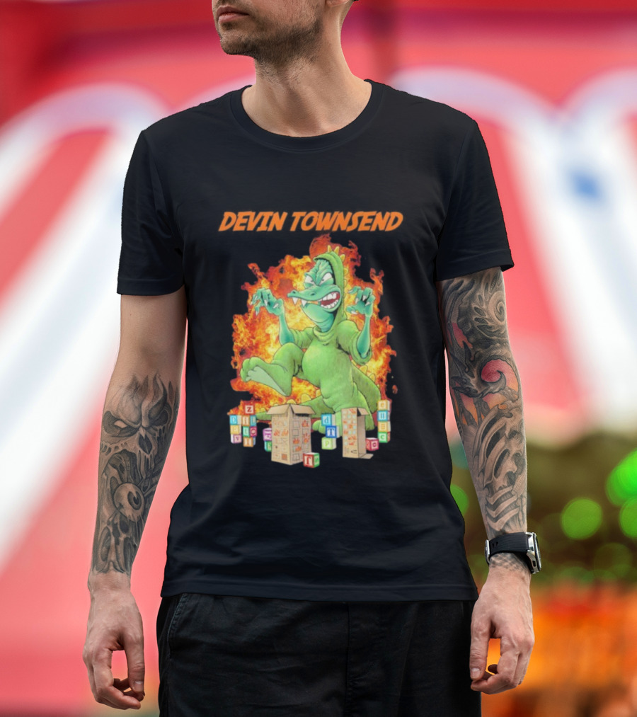 Devin Townsend Godziltoid Cartoon Dinosaur Blocks Fire Design T-Shirt