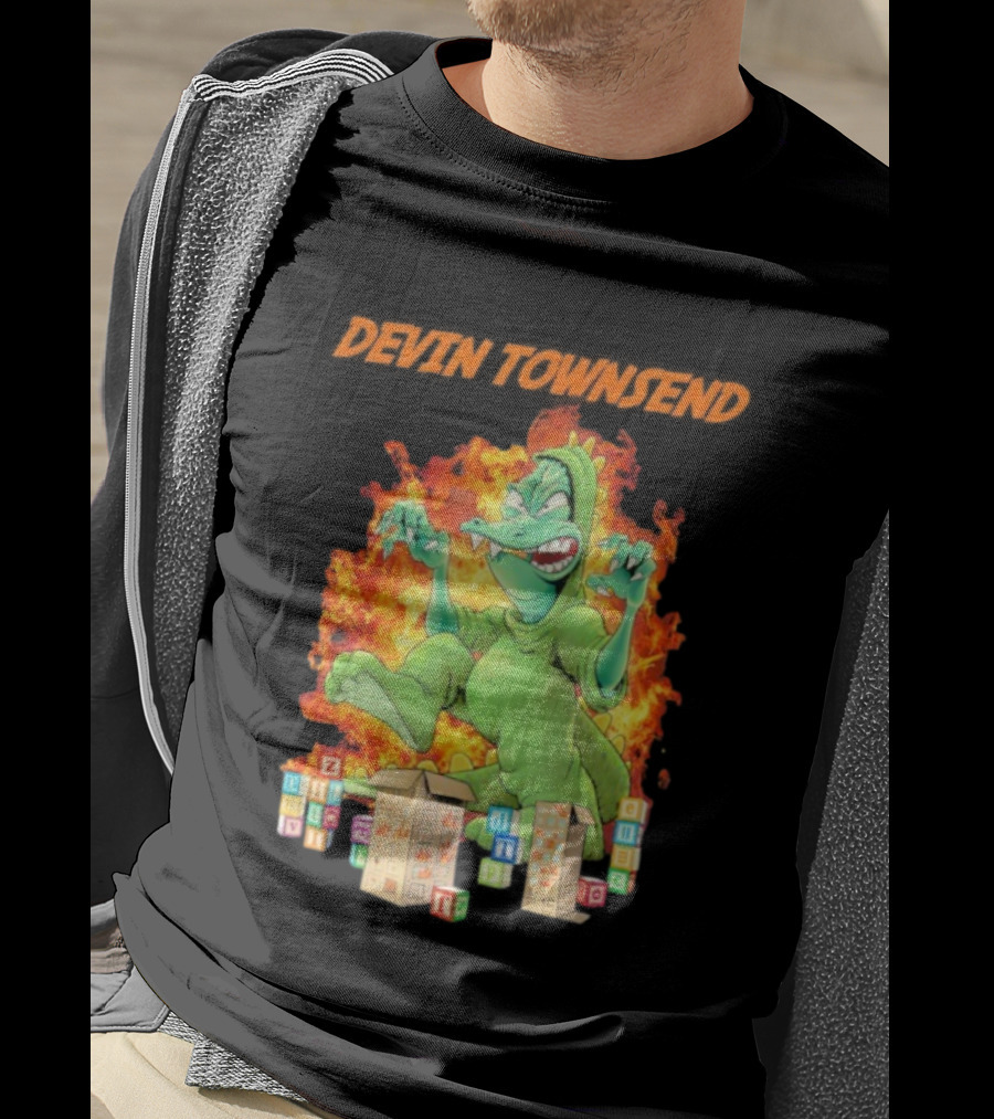 Devin Townsend Godziltoid Cartoon Dinosaur Blocks Fire Design T-Shirt