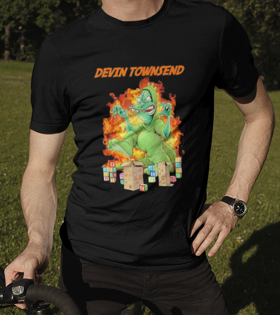 Devin Townsend Godziltoid Cartoon Dinosaur Blocks Fire Design T-Shirt