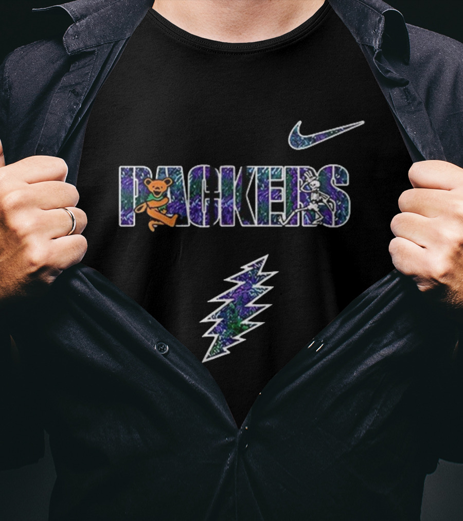 Packers Grateful Dead Bear Skeleton Nike Lightning Bolt T-Shirt