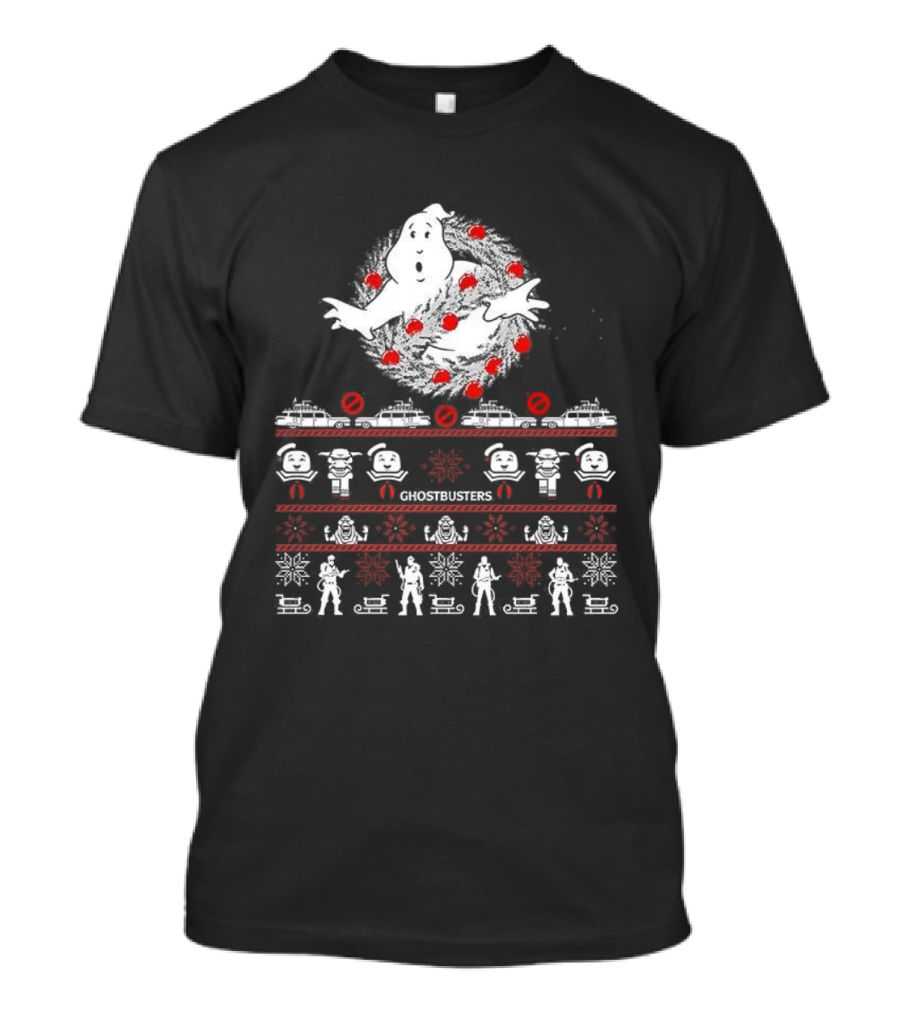 Ghostbusters Movie Christmas Sweater Style Ectomobile And Marshmallow Man T-Shirt