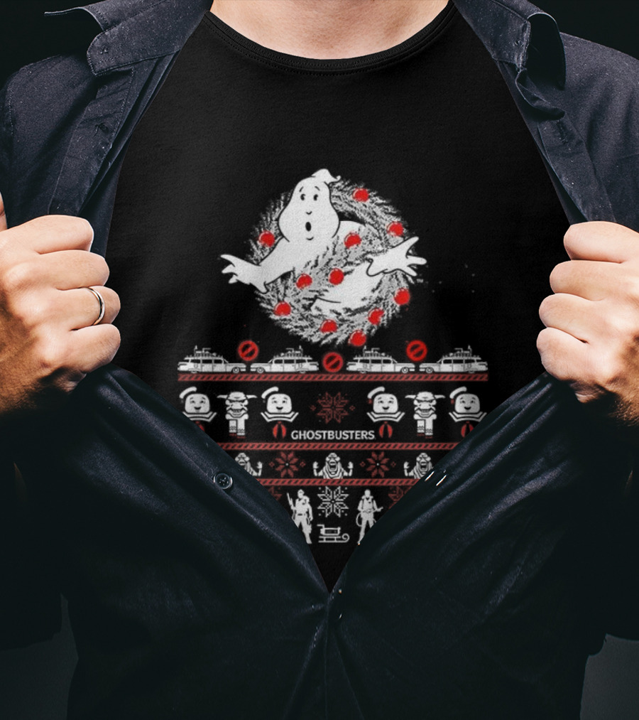Ghostbusters Movie Christmas Sweater Style Ectomobile And Marshmallow Man T-Shirt