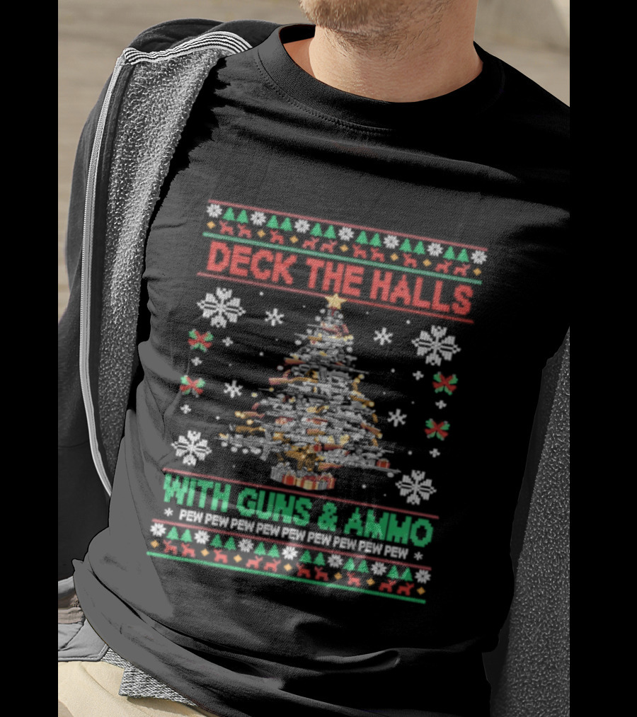 Retro Deck The Halls With Guns And Ammo Funny Christmas Tree Snowflakes Holiday T-Shirt
