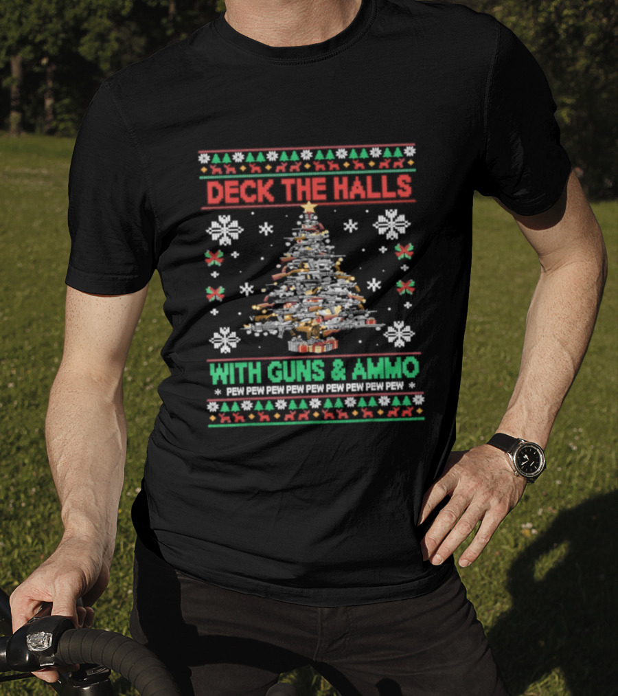 Retro Deck The Halls With Guns And Ammo Funny Christmas Tree Snowflakes Holiday T-Shirt