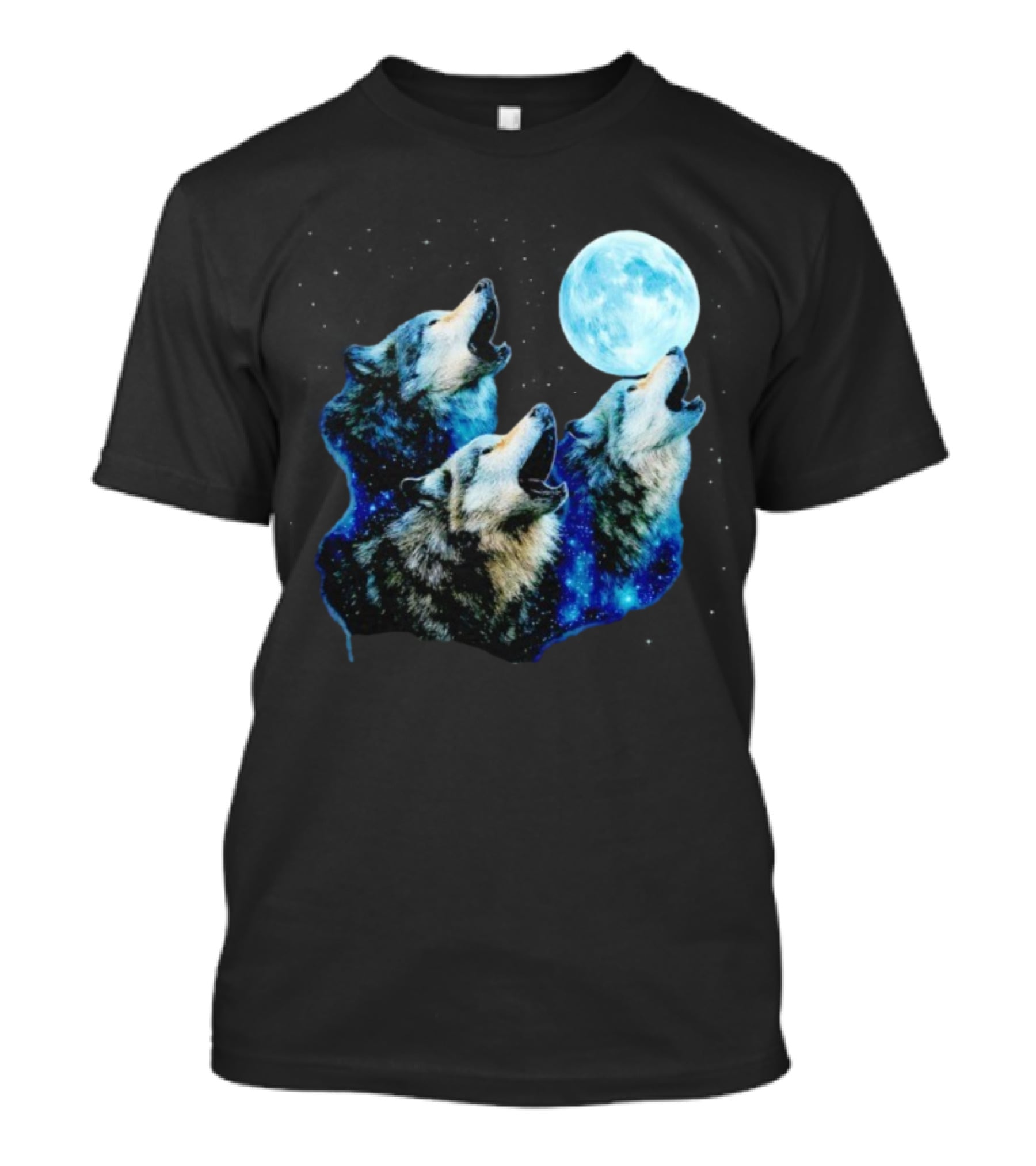 Three Wolves Howling At Cyan Moon Cosmic Night Glow T-Shirt