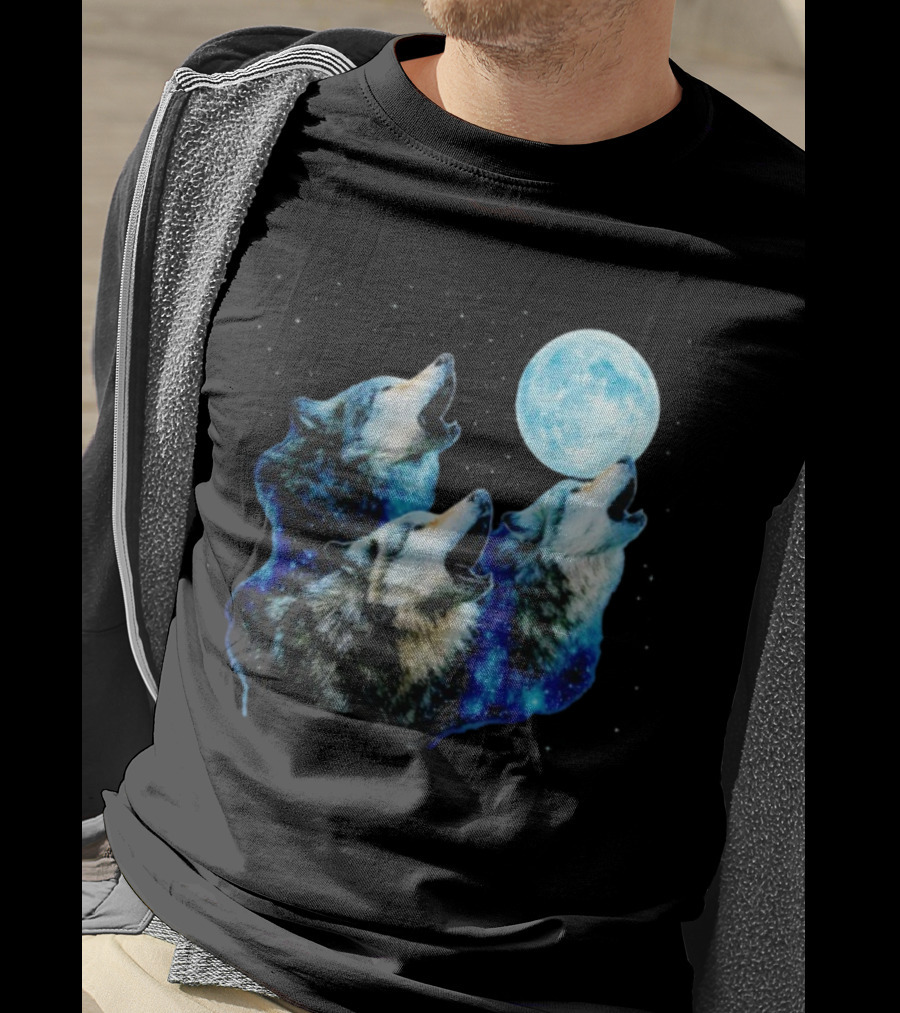 Three Wolves Howling At Cyan Moon Cosmic Night Glow T-Shirt