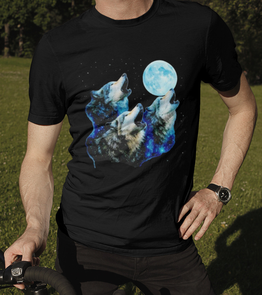 Three Wolves Howling At Cyan Moon Cosmic Night Glow T-Shirt