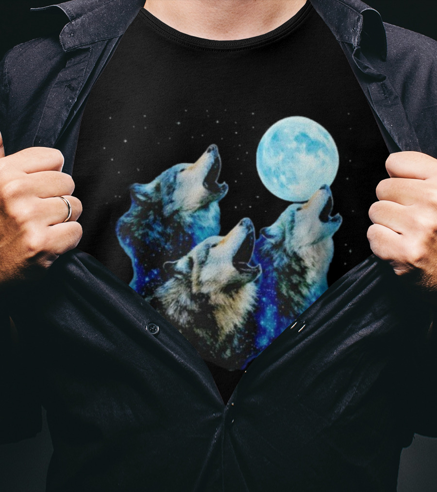 Three Wolves Howling At Cyan Moon Cosmic Night Glow T-Shirt