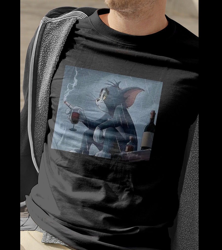 Tom Pensive And Sad Smoking In The Rain With Wine And Bottles T-Shirt