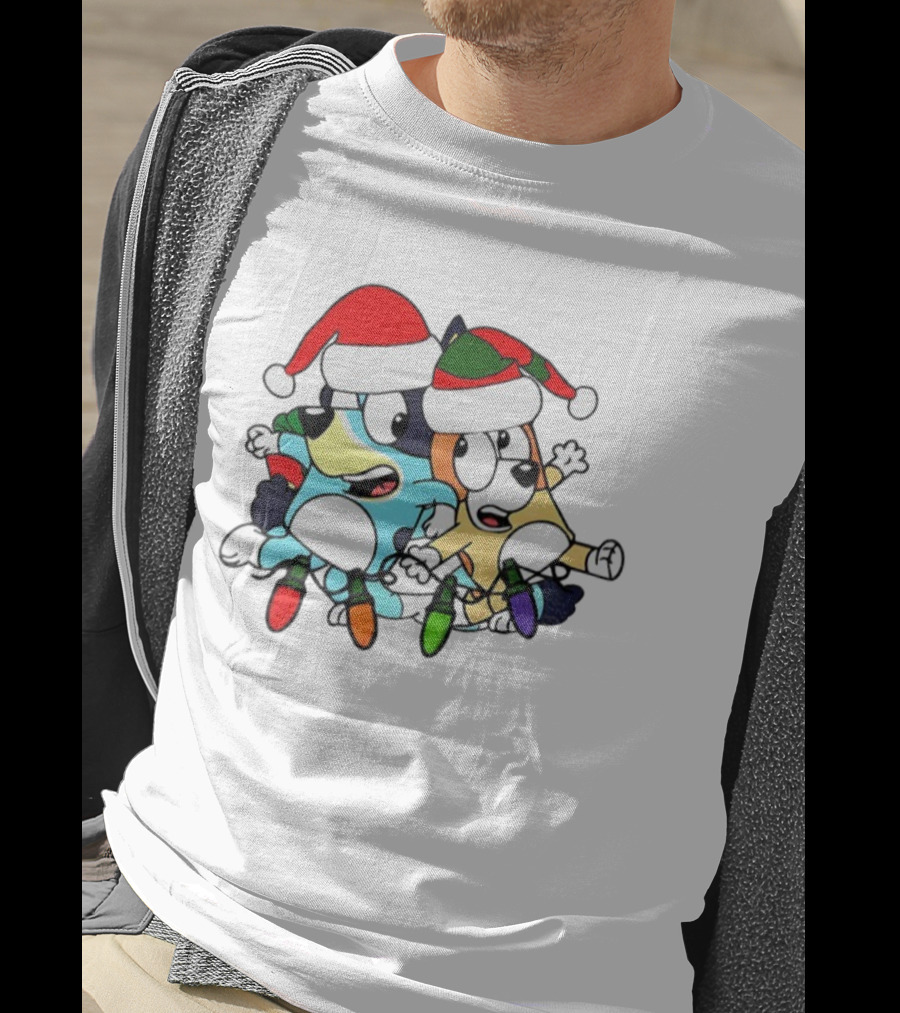 Bluey And Bingo Santa Hat Christmas Lights Merry Christmas 2025 Holiday Fun T-Shirt